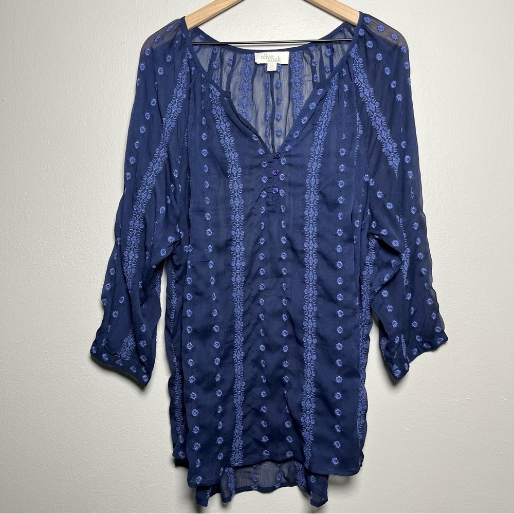 Olive & Oak Women Plus Size Top 3X Embroidered Sheer Long Sleeve‎ Cottage Boho